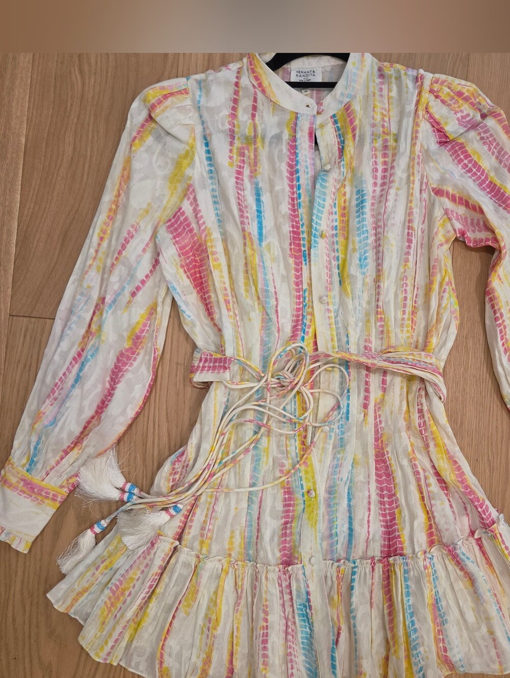 HEMANT & NANDITA White Mini Dress with Pink, Yellow & Blue Stripes